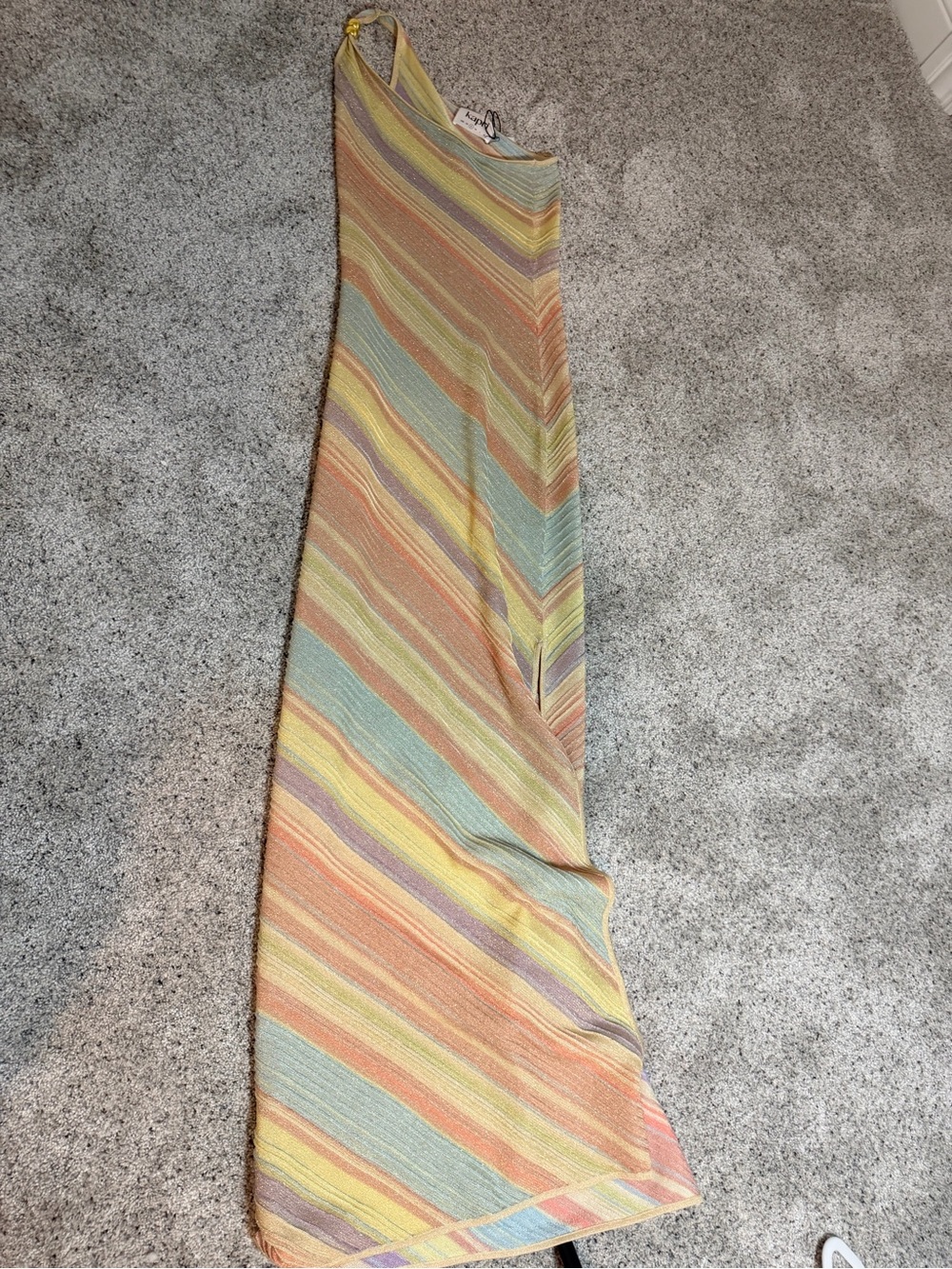 NWT Kapri Milan Maxi Dress Pastel Stripe One Shoulder Shimmer Gown Size S - Picture 3 of 4
